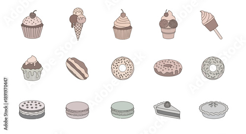 Grayscale collection of various desserts and sweets including cupcakes, ice cream, donuts, and macarons, isolated white background.