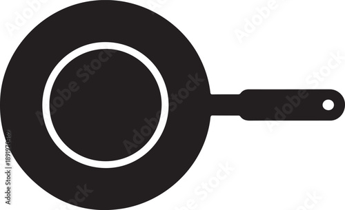 Round frying pan in black silhouette, kitchen utensil for cooking over transparent background