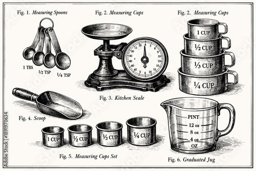 Vintage kitchen measuring tools: spoons, cups, scale, scoop, jug
