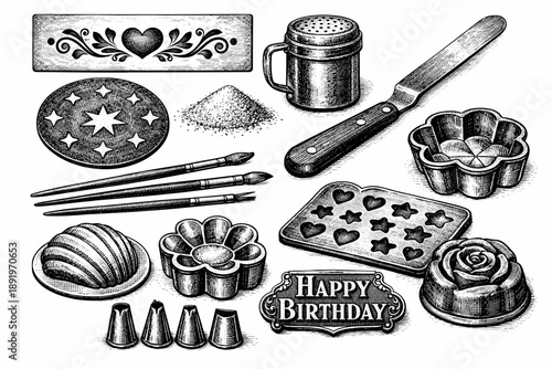 Vintage baking tools and decorations: happy birthday theme with floral and star motifs