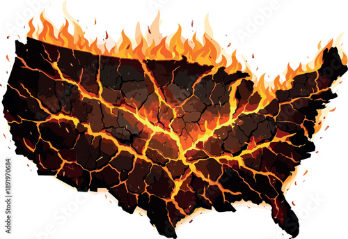 United States map in flames and cracking like lava