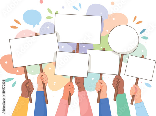 Diverse hands holding blank protest signs in a crowd