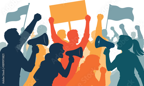 Crowd protesting with megaphones and signs, vector illustration