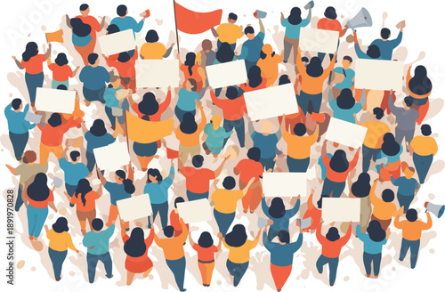 Crowd of people protesting with signs and flags, aerial view