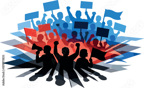 Crowd of protesters with flags and signs demonstrating