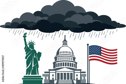 Dark clouds bring rain over Statue of Liberty and Capitol Building