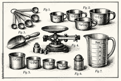 Vintage kitchen measuring tools illustration with cups, scales, and spoons in black and white