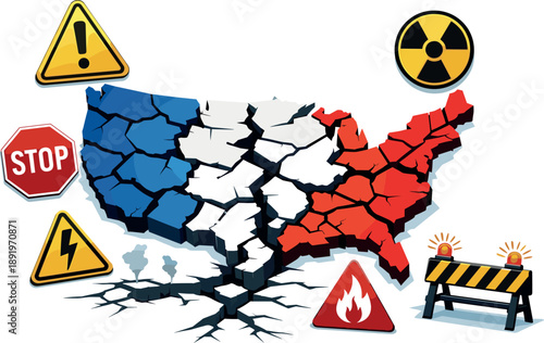 Cracked United States map with various hazard warning signs