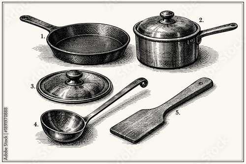Vintage cooking utensils collection - skillet, saucepan, pot lid, ladle, spatula