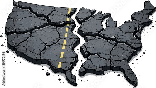 Cracked asphalt map of USA with road line suggesting division