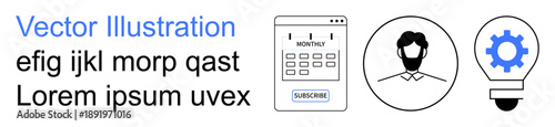 Business planning, user identity, subscriptions, innovation, creative solutions, management tools. Calendar interface, person profile and gear inside bulb. Business planning and user identity