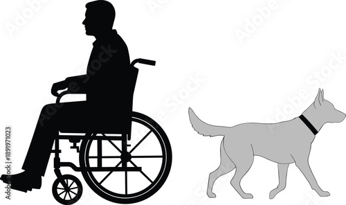 Silhouette of man in wheelchair with service dog walking beside, assistance animal concept, disability support illustration for healthcare design