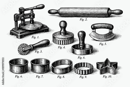 Vintage kitchen utensils illustration featuring rolling pin and biscuit cutters