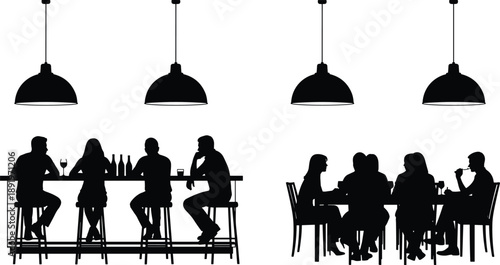 Silhouette people drinking and dining at bar and restaurant tables, social gathering scene with hanging lights, modern nightlife illustration set