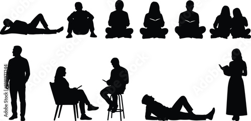 Silhouette people reading sitting and lying, casual poses, relaxing individuals and groups, student study figures for illustration and educational design