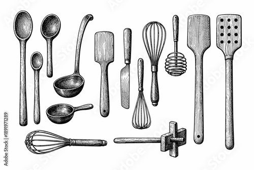 Vintage kitchen utensils collection: whisks, spoons, and spatulas in black and white