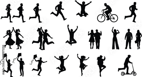 Silhouette people running, jumping, dancing, cycling, and celebrating outdoor activities, energetic human movement collection, active lifestyle poses, vector illustration set