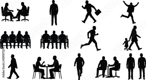 Silhouette people in various daily activities including walking, running, sitting, talking, business scenes, family moments, communication and lifestyle illustration set