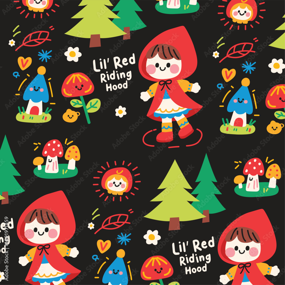 Fototapeta premium Cute Little Red Riding Hood Forest Adventure Seamless Pattern