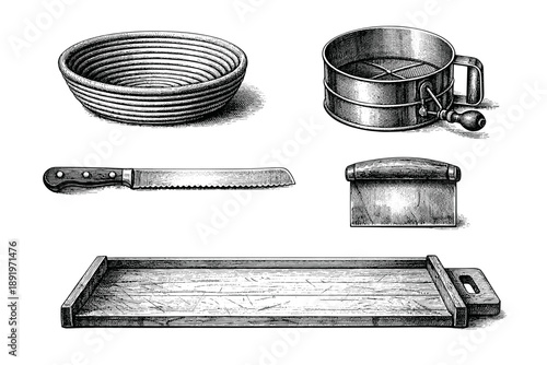 Vintage baking tools - proofing basket, sifter, bread knife, dough scraper, and tray