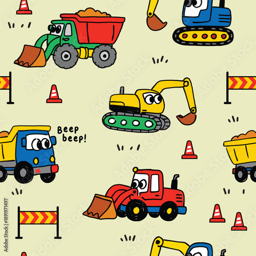 Cute Cartoon Construction Vehicles Seamless Pattern for Kids
