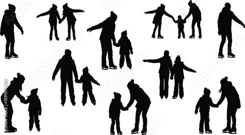 Silhouettes of parents ice skating with children, winter outdoor family activity illustration, skating figures in various poses, cold season recreation artwork