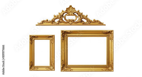 Ornate gold picture frames and decorative wall piece isolated on transparent background