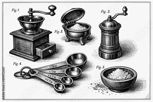 Vintage kitchen utensils: grinder, spice bowls, and measuring spoons