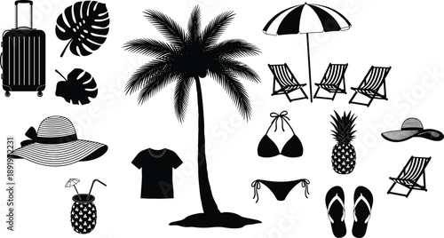 Summer beach vacation elements, tropical holiday icons with palm tree, travel accessories, beachwear, pineapple drink, umbrella and chairs illustration set