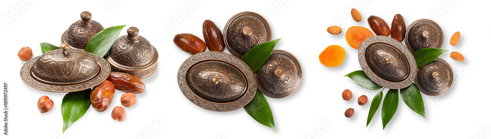 Fototapeta premium Set, Festive collection of dates and decorative items for Ramadan, PNG