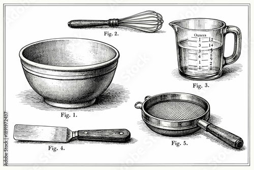 Vintage kitchen tools: mixing bowl, whisk, measuring cup, strainer, and spatula illustration