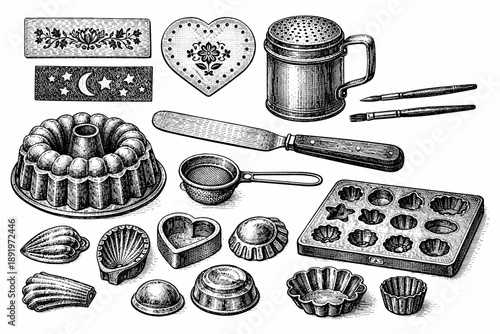 Vintage baking tools: whisk, molds, shaker, sifter, cookie cutters, brush