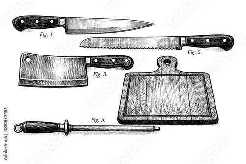 Vintage kitchen tools: knife, clever, sharpening rod, cutting board illustration