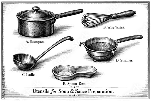 Antique kitchen utensils: saucepan, whisk, ladle, strainer, spoon rest