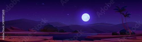 Night desert oasis under full moon starry sky