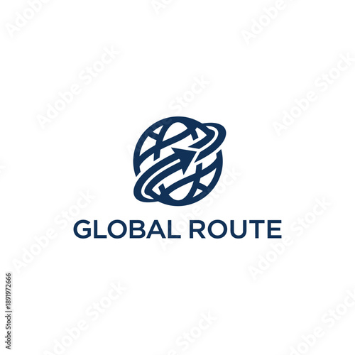 Abstract globe sphere with upward arrow for international logistics and global tourism navigation branding for GLOBAL ROUTE logo design