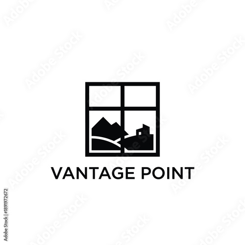 Mountain scenery and house silhouette inside a window frame icon for real estate, travel agency or photography brand named Vantage Point