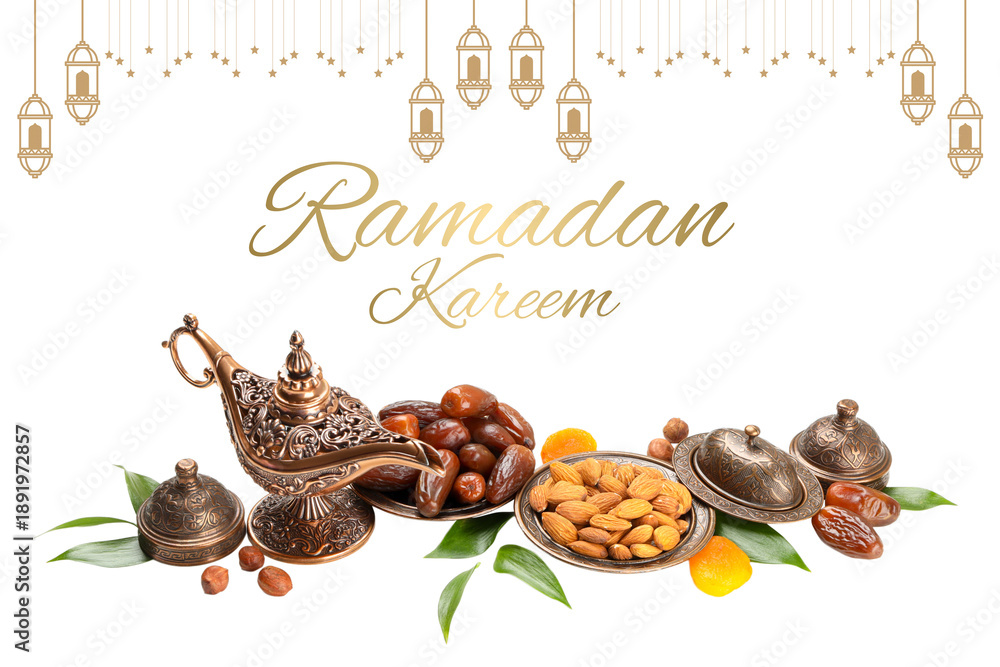 Fototapeta premium Traditional sweets and lanterns set the mood for Ramadan, PNG