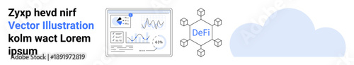 Decentralized finance, blockchain applications, digital assets, cloud computing, data analytics, fintech innovation. Diagram showing blockchain nodes, cloud and financial data charts. Decentralized
