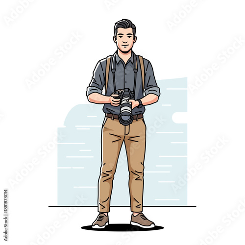 Young Male Photographer Holding Professional Camera, Ready to Shoot