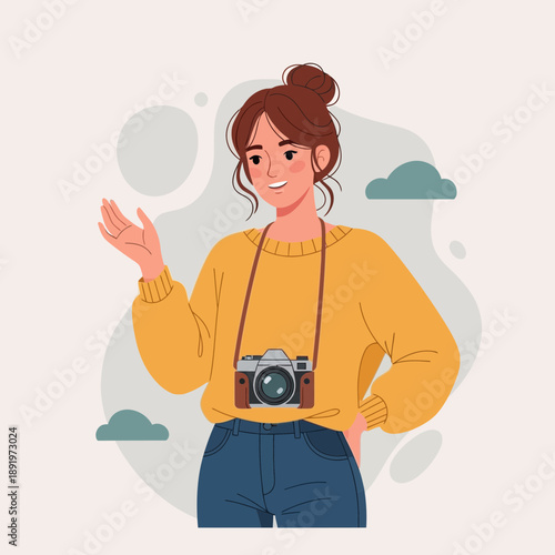 Woman with vintage camera, yellow sweater, jeans, casual style, illustration