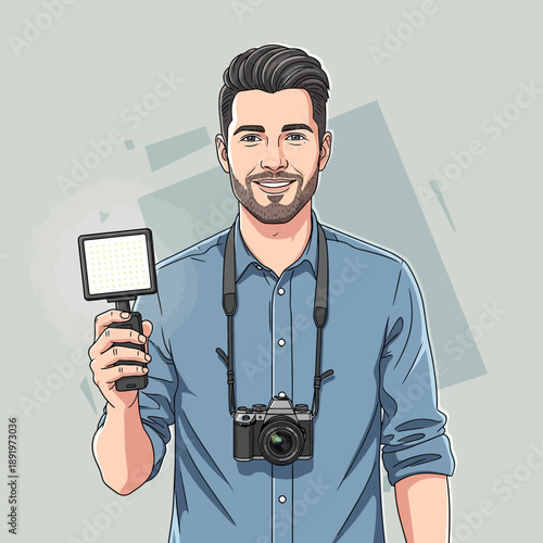 Young Man Photographer Holding Light And Camera
