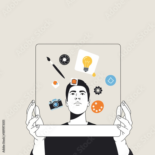 Creative mind with art, design, and technology symbols