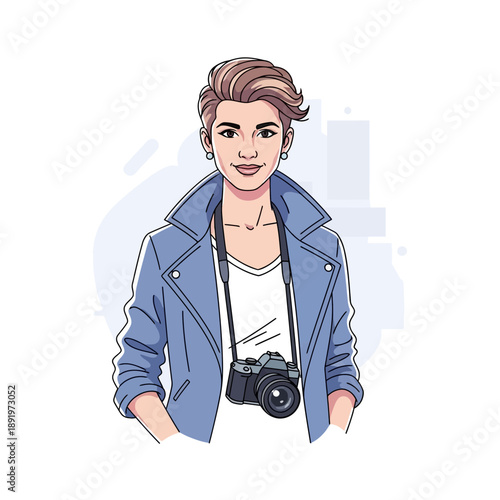 Young Woman Photographer with Camera Around Neck, Stylish Blue Jacket