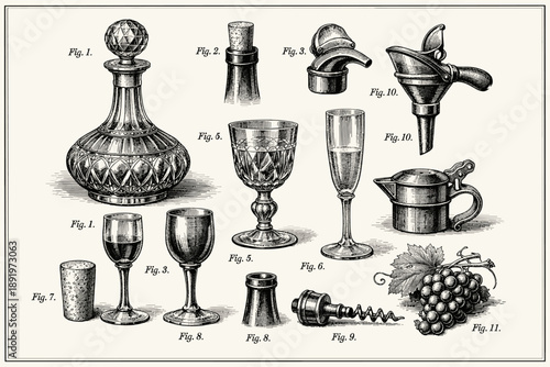 Vintage glassware and barware collection with grapes and corkscrews