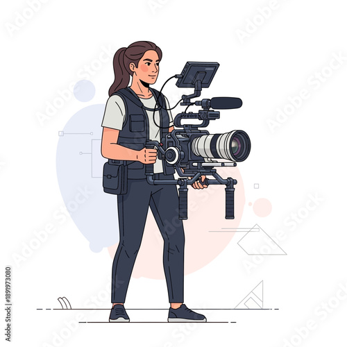 Female videographer holding professional camera and equipment