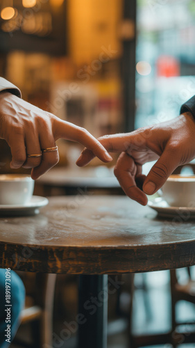 Close up of two people touching fingertips across cafe table with coffee cups bokeh city lights expressing romantic connection first date tenderness relationship and emotional intimacy