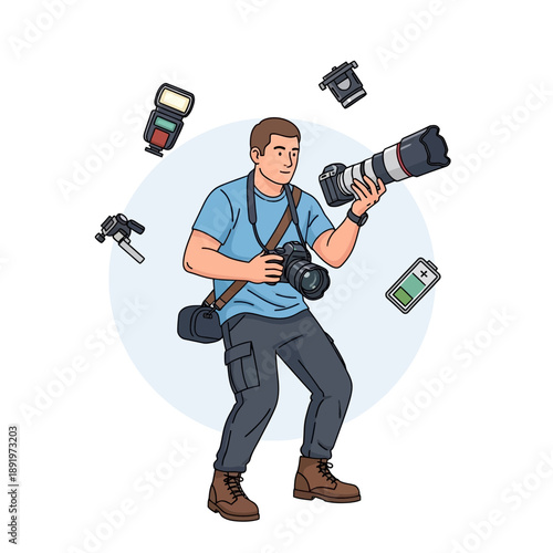 Photographer Juggling Camera Equipment