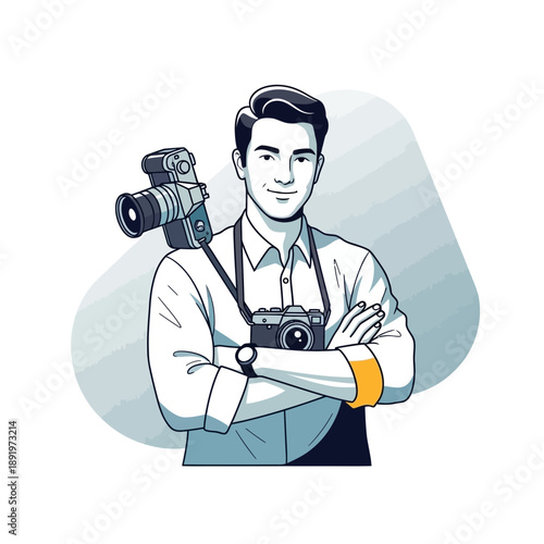 Photographer with Camera Around Neck and on Shoulder, Arms Crossed