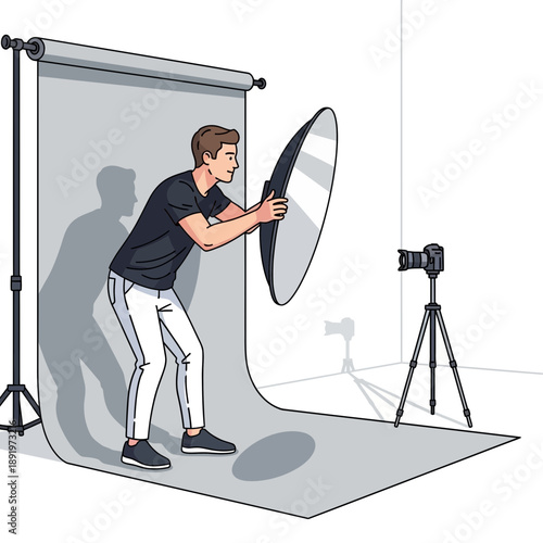 Photographer setting up studio lighting for photo shoot with camera on tripod